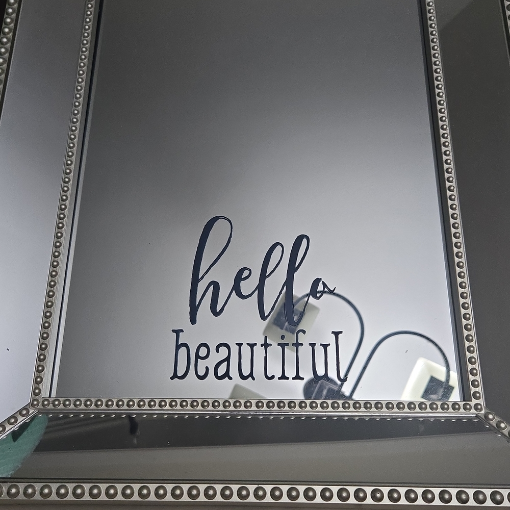 Elegant Silver Wall Mirror with 'Hello Beautiful' Inscription